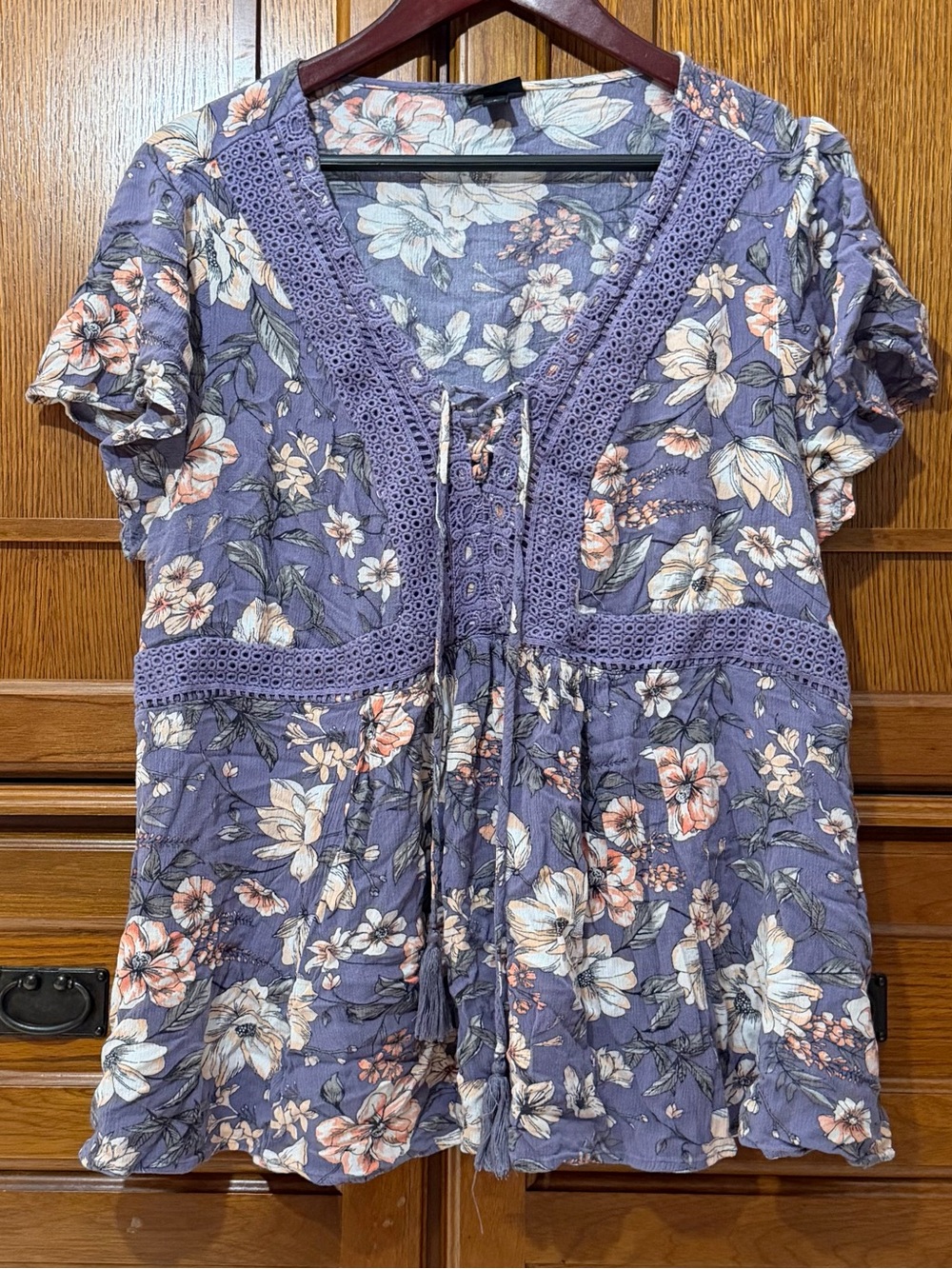 Torrid Floral Crochet Lace-Up Peasant Babydoll Top Boho Cottagecore Casual Flowy